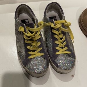 Golden Goose Kids Shoes with Silver Glitter and Yellow Laces